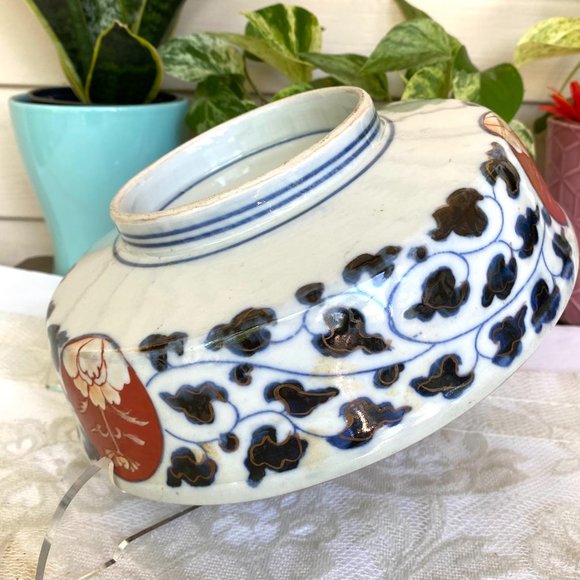 Antique Japanese Imari Porcelain Footed Rice Serving Bowl- Hand Painted-Set of 2 - Picture 9 of 12
